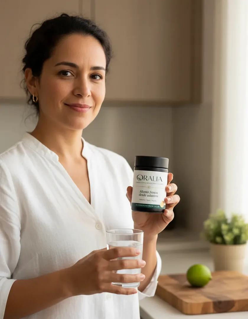 Mujer con un vaso de agua antes de comer
